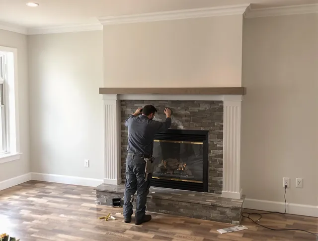 Lakewood Chimney Sweep finishing a custom fireplace install in Lakewood, CA